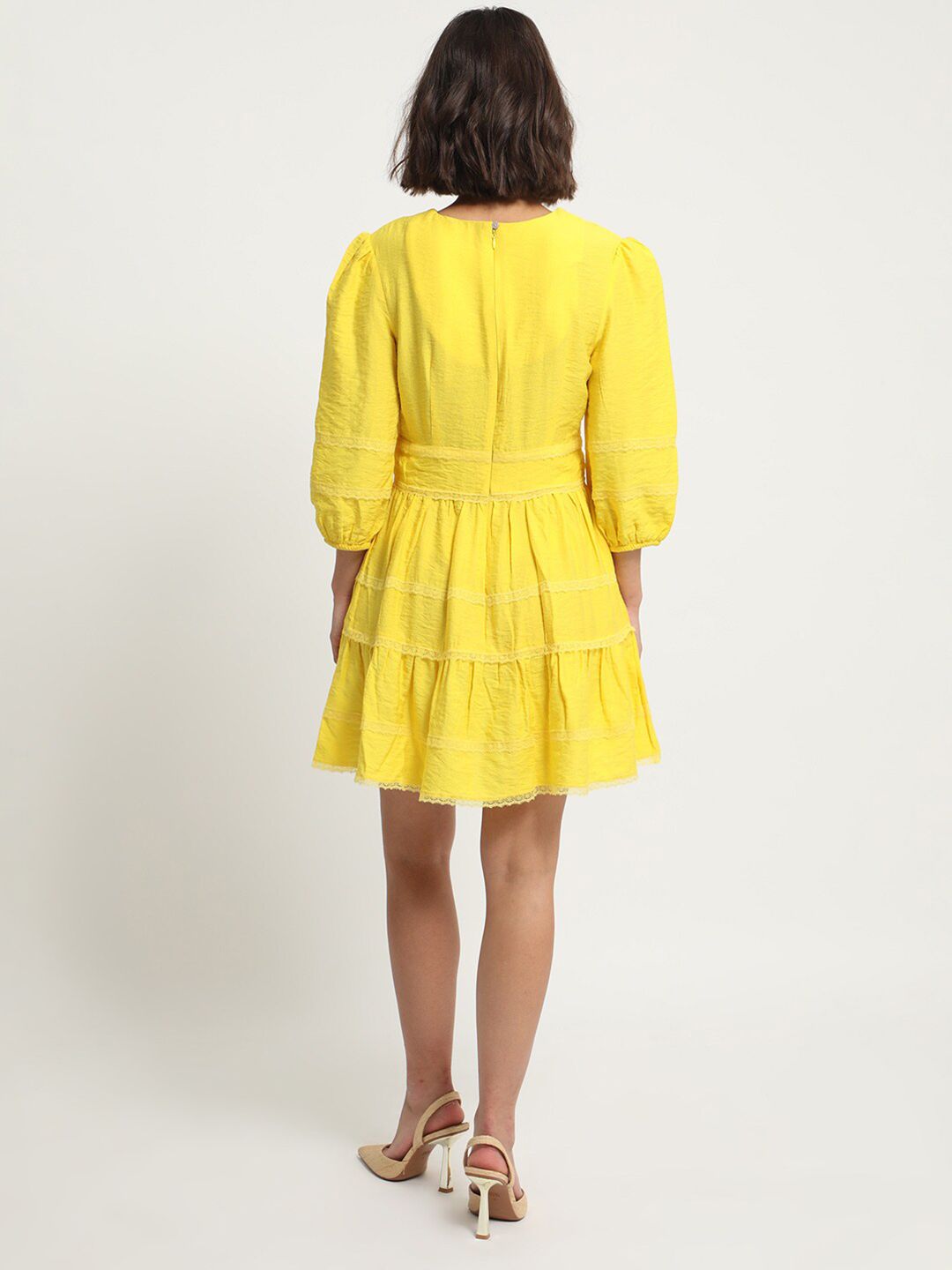 RAREISM V-Neck Puff Sleeves Lace Inserts Cotton Fit & Flare Dress