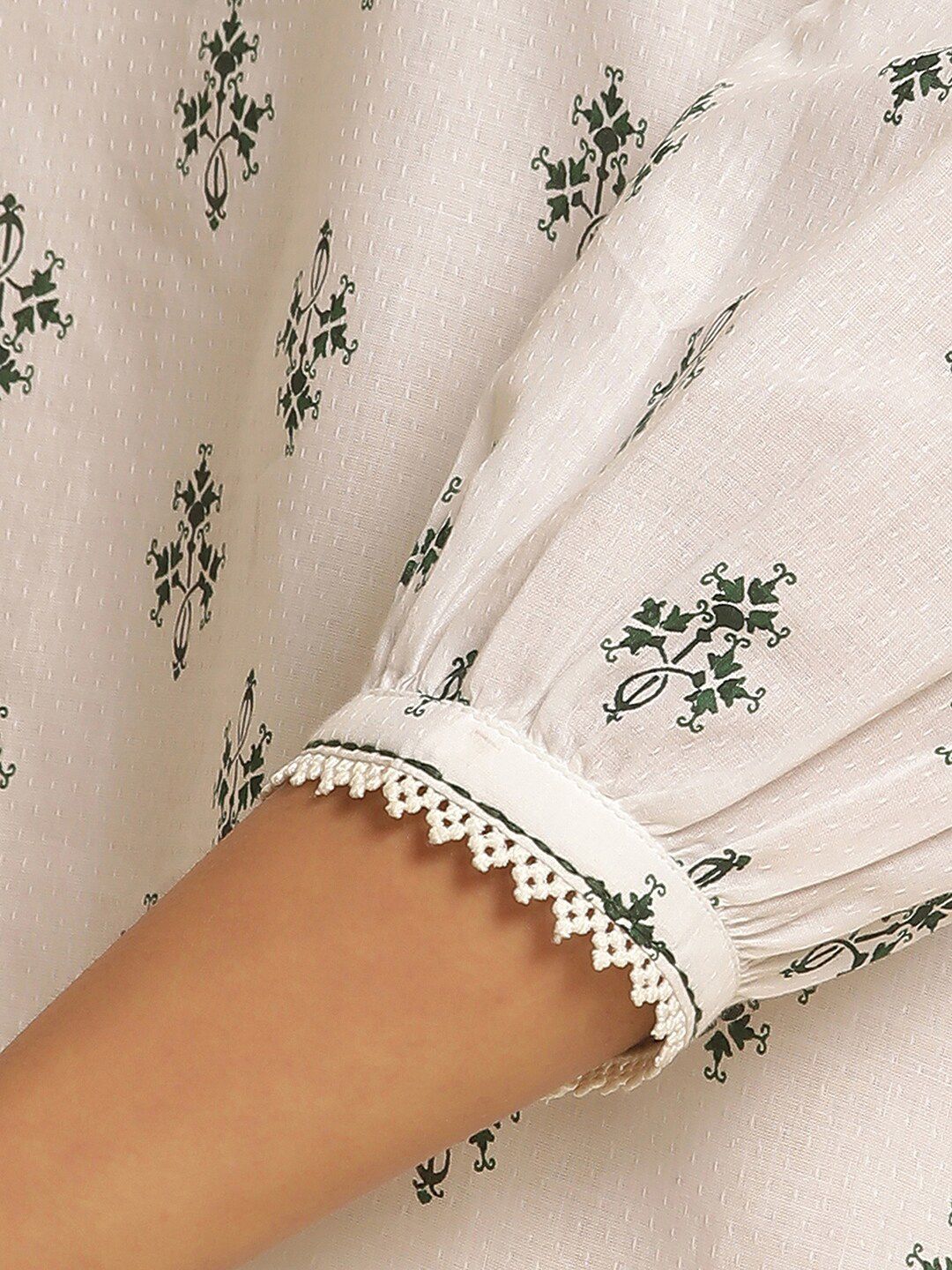 W Ethnic Motifs Printed Boat Neck Puff Sleeves Cotton Top