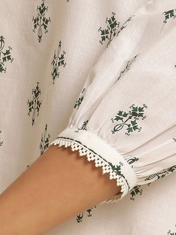 W Ethnic Motifs Printed Boat Neck Puff Sleeves Cotton Top