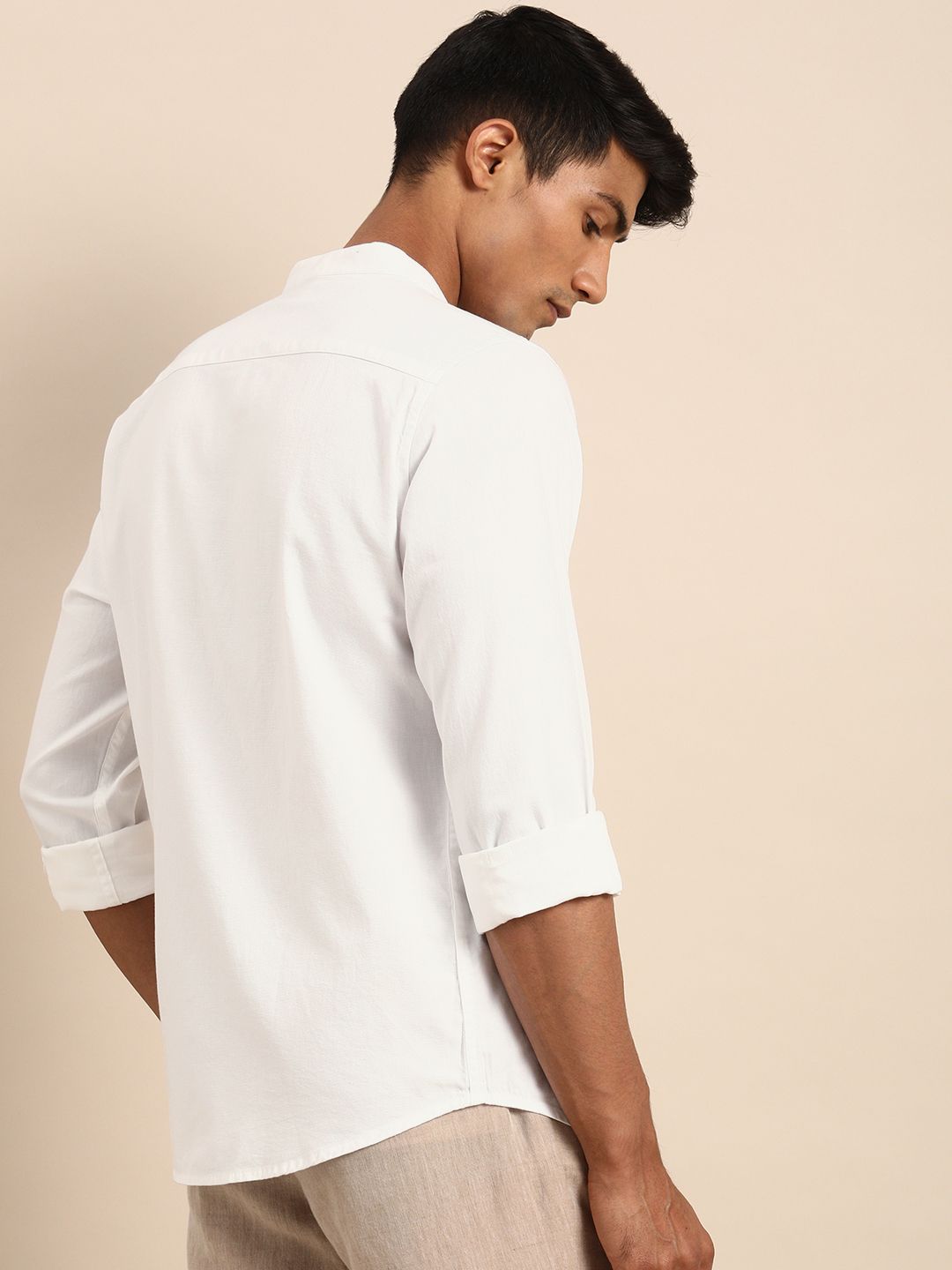ether Men White Solid Mandarin Collar Casual Shirt