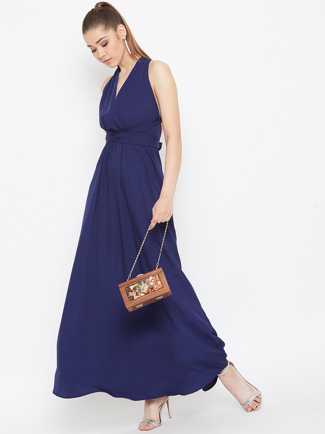 Berrylush Navy Blue V-Neck Maxi Dress