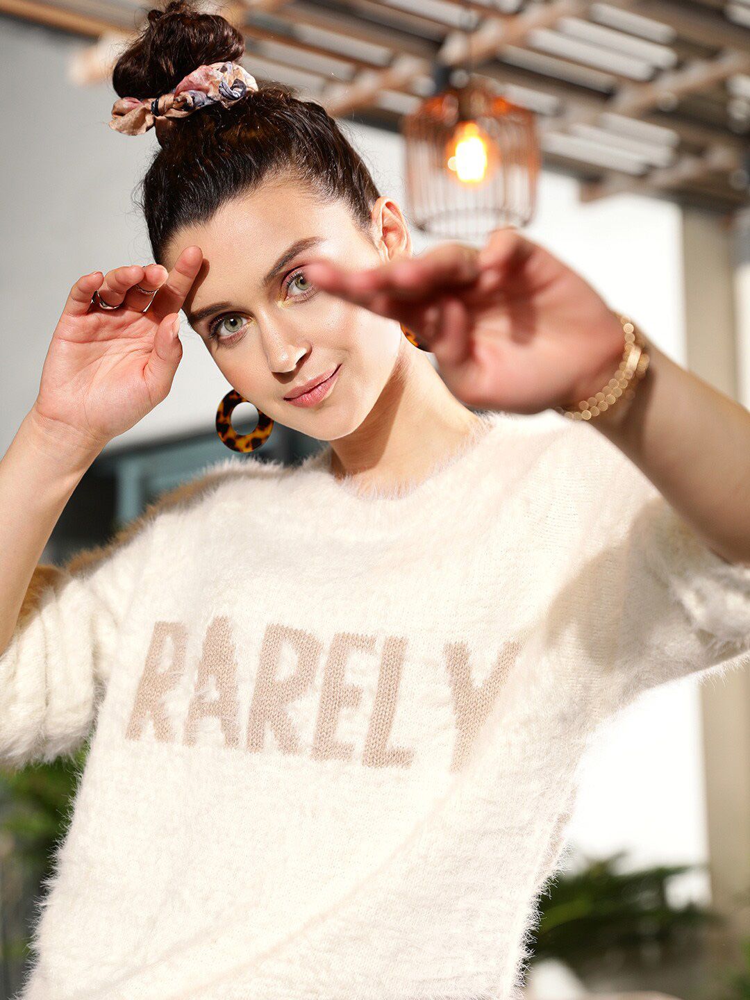 STREET 9 Women Cream-Coloured Typography Pullover