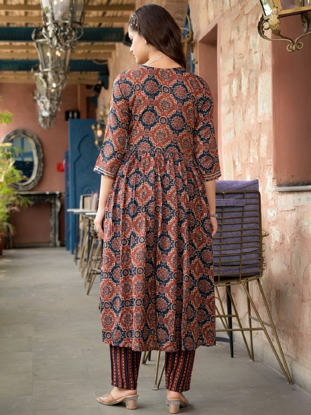 KALINI Ethnic Motifs Embroidered Thread Work Anarkali Kurta with Trousers & Dupatta