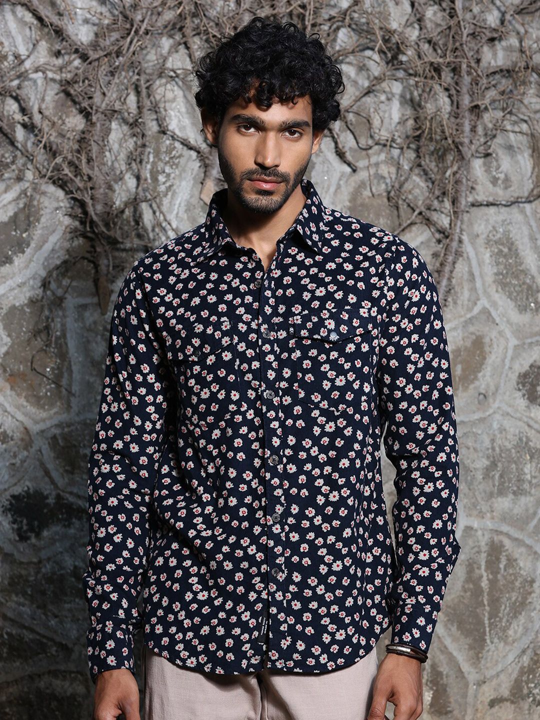 Thomas Scott Premium Slim Fit Floral Printed Spread Collar Cotton Corduroy Casual Shirt