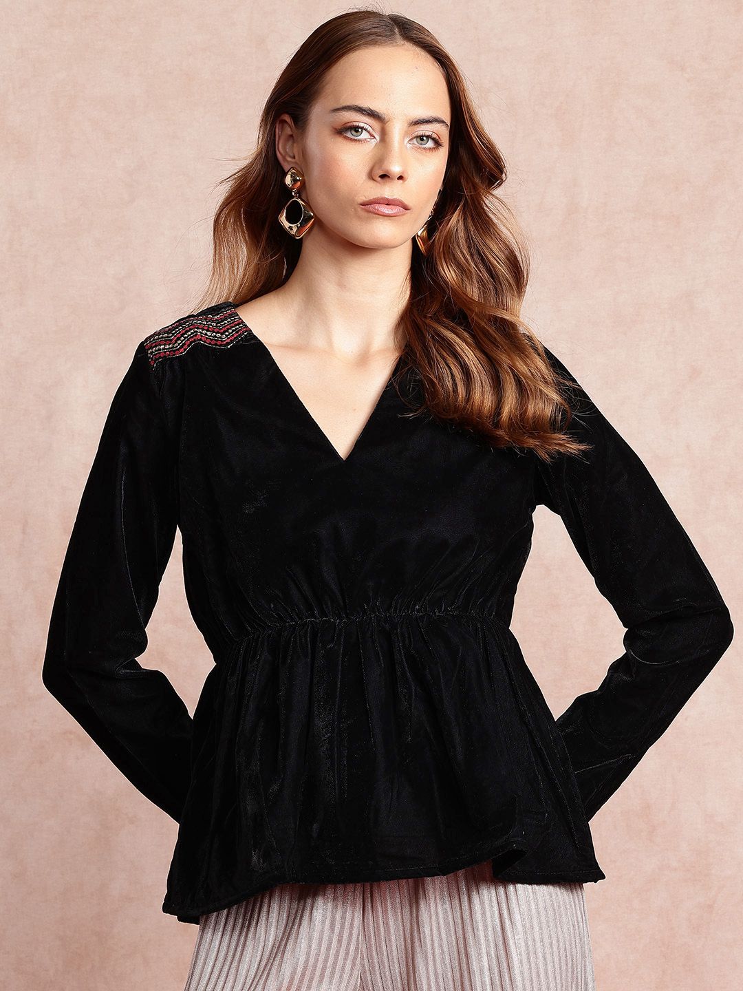 all about you V-Neck Sequined Detail Velvet Cinched Waist Top