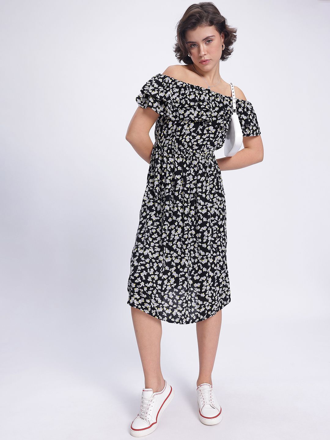 DressBerry Monochrome Florals Off-Shoulder A-Line Midi Dress
