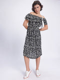 DressBerry Monochrome Florals Off-Shoulder A-Line Midi Dress