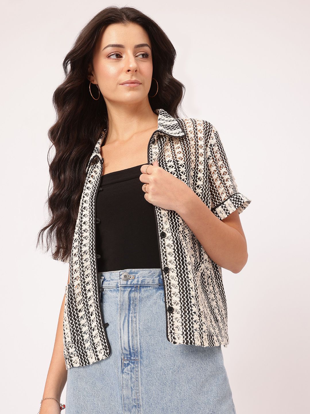 DressBerry Escape Essentials Thread Work Open Knit Shirt