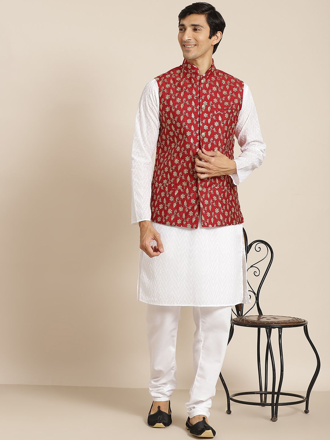 SOJANYA Men White Chikankari Pure Cotton Kurta with Churidar & Nehru Jacket
