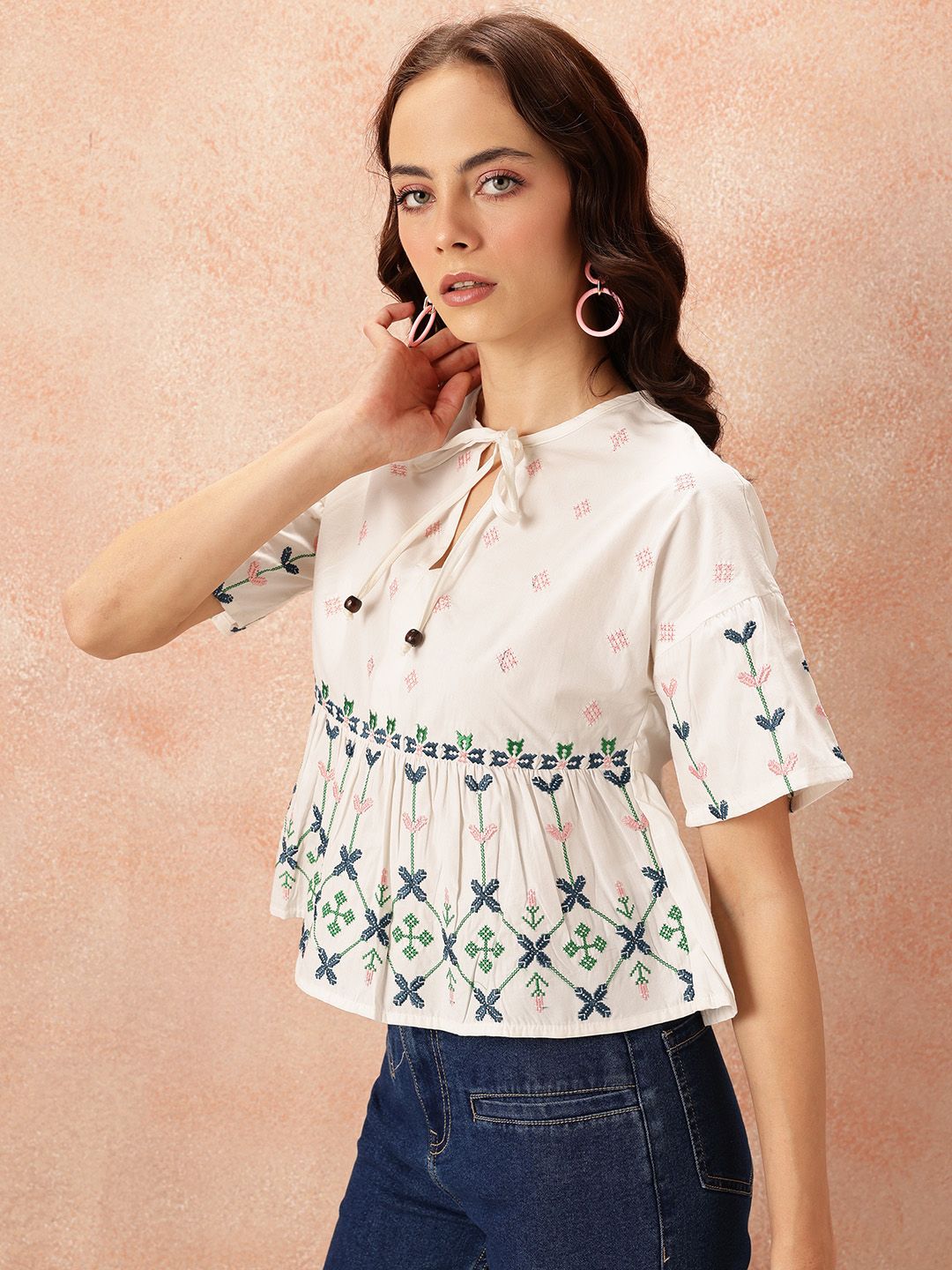 all about you Floral Embroidered Pure Cotton Empire Top