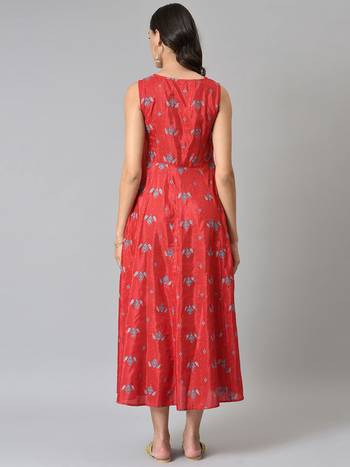 W Women Red & Blue Printed Layered Ethnic Midi Dress
