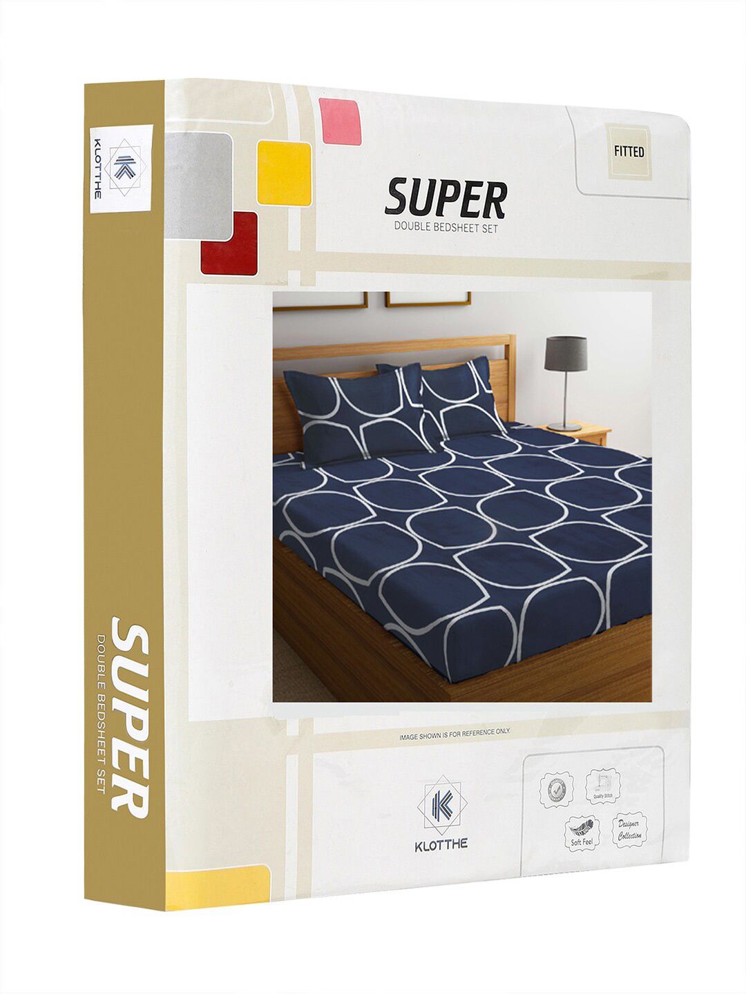 KLOTTHE Blue & White Geometric-Printed Fitted Double King Bedsheet with 2 Pillow Covers