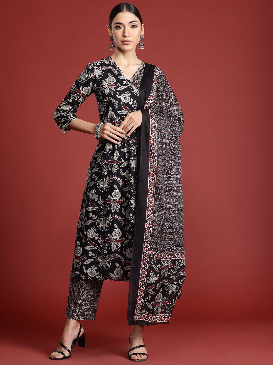 Indo Era Floral Printed Angrakha Gotta Patti Pure Cotton Kurta Set & Dupatta