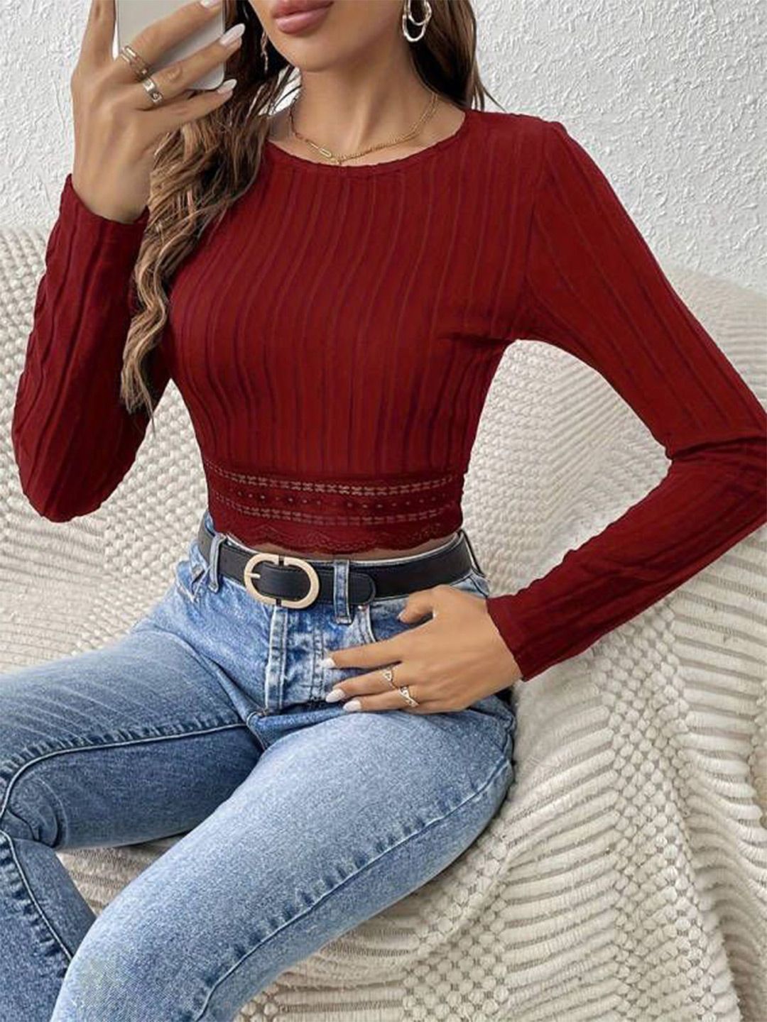 DressBerry Women Round Neck Long Sleeves Fitted Crop Top