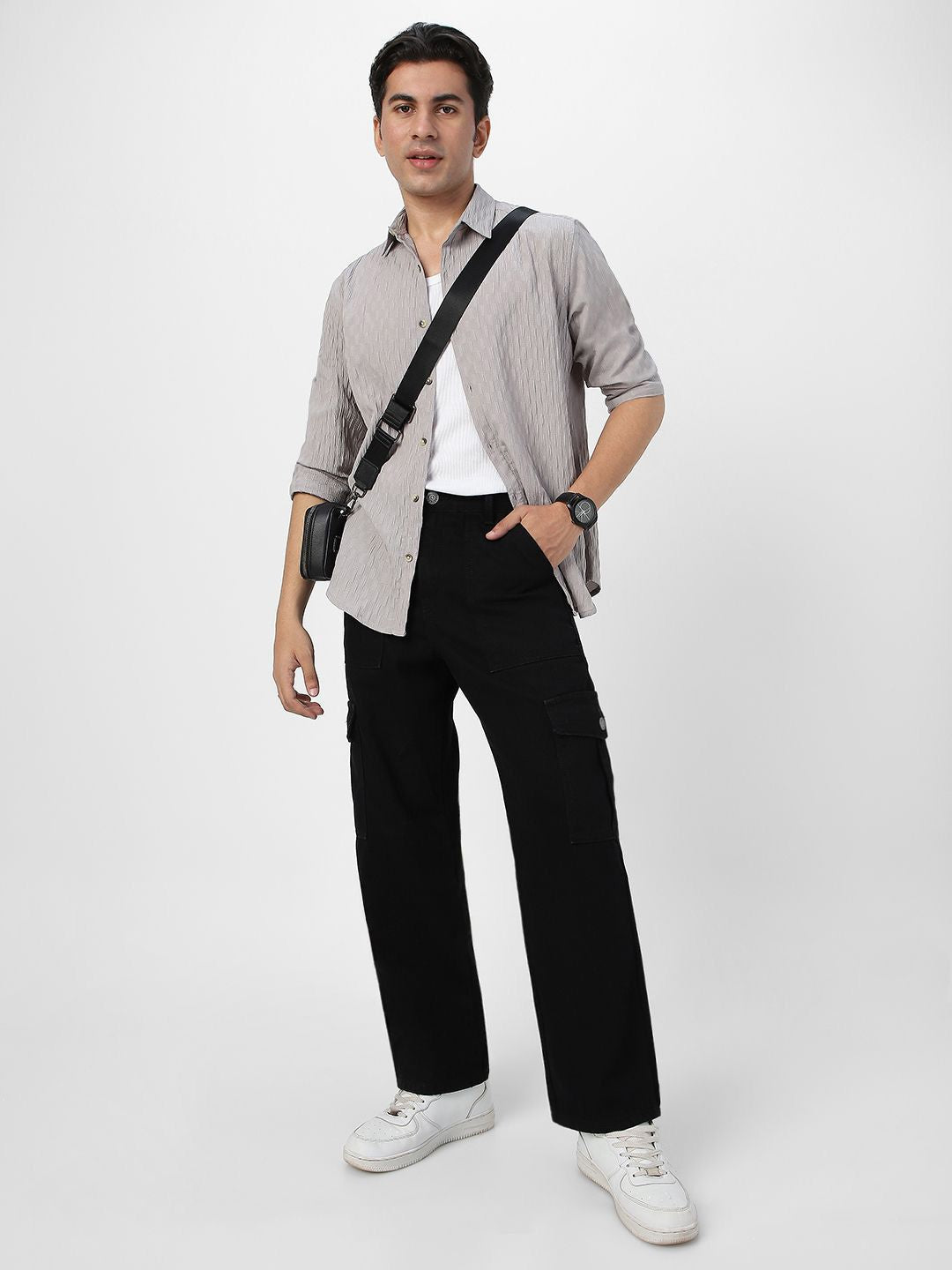 Urbano Fashion Men Spread Collar Textured Cotton Casual Shirt