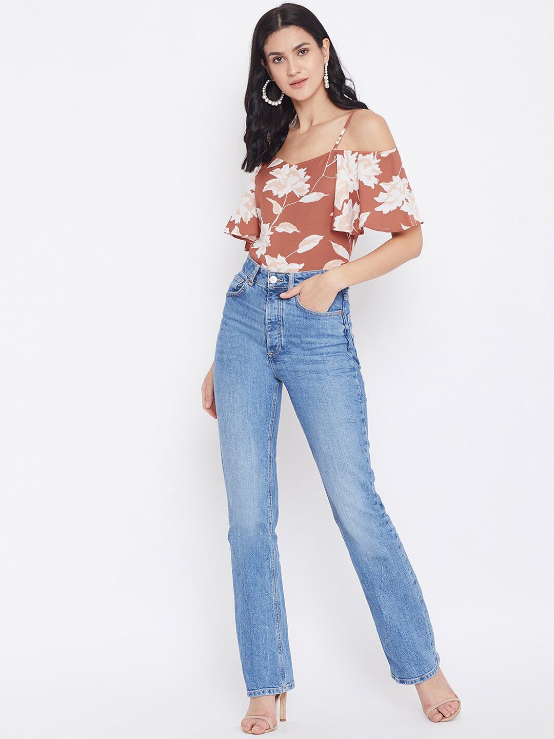 Berrylush Women Brown Printed Bardot Top