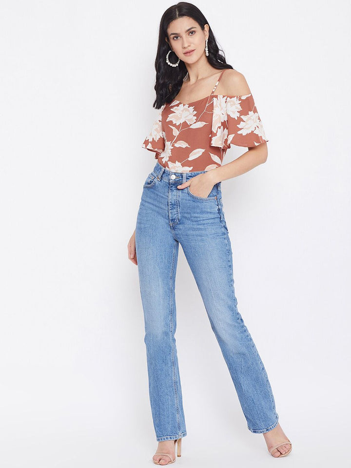 Berrylush Women Brown Printed Bardot Top