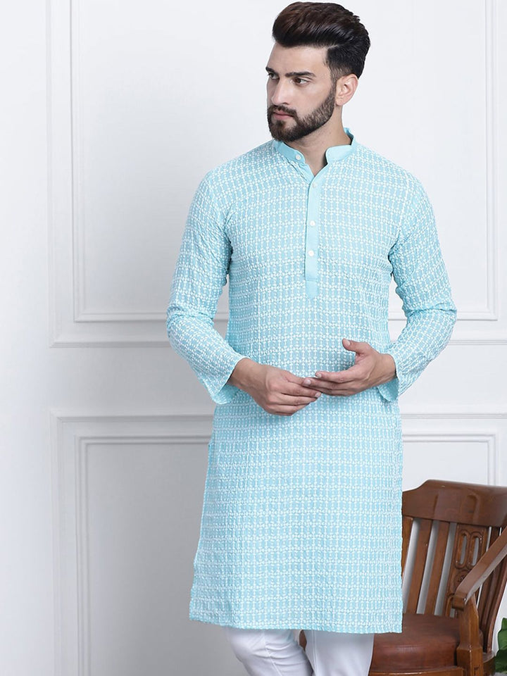 SOJANYA Kolar Mandarin Sulam Bunga Pure Cotton Kurta Lurus