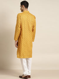 SOJANYA Men Mustard Yellow & Black Geometric Printed Pure Cotton Kurta