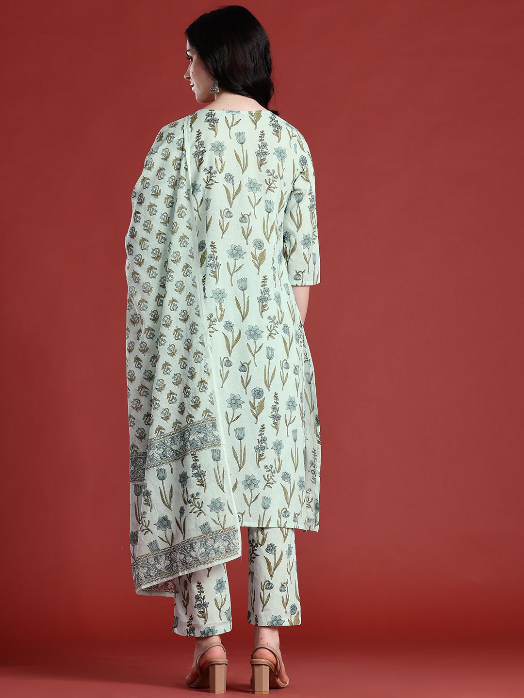 Anouk Floral Printed Pure Cotton Kurta with Trousers & With Dupatta