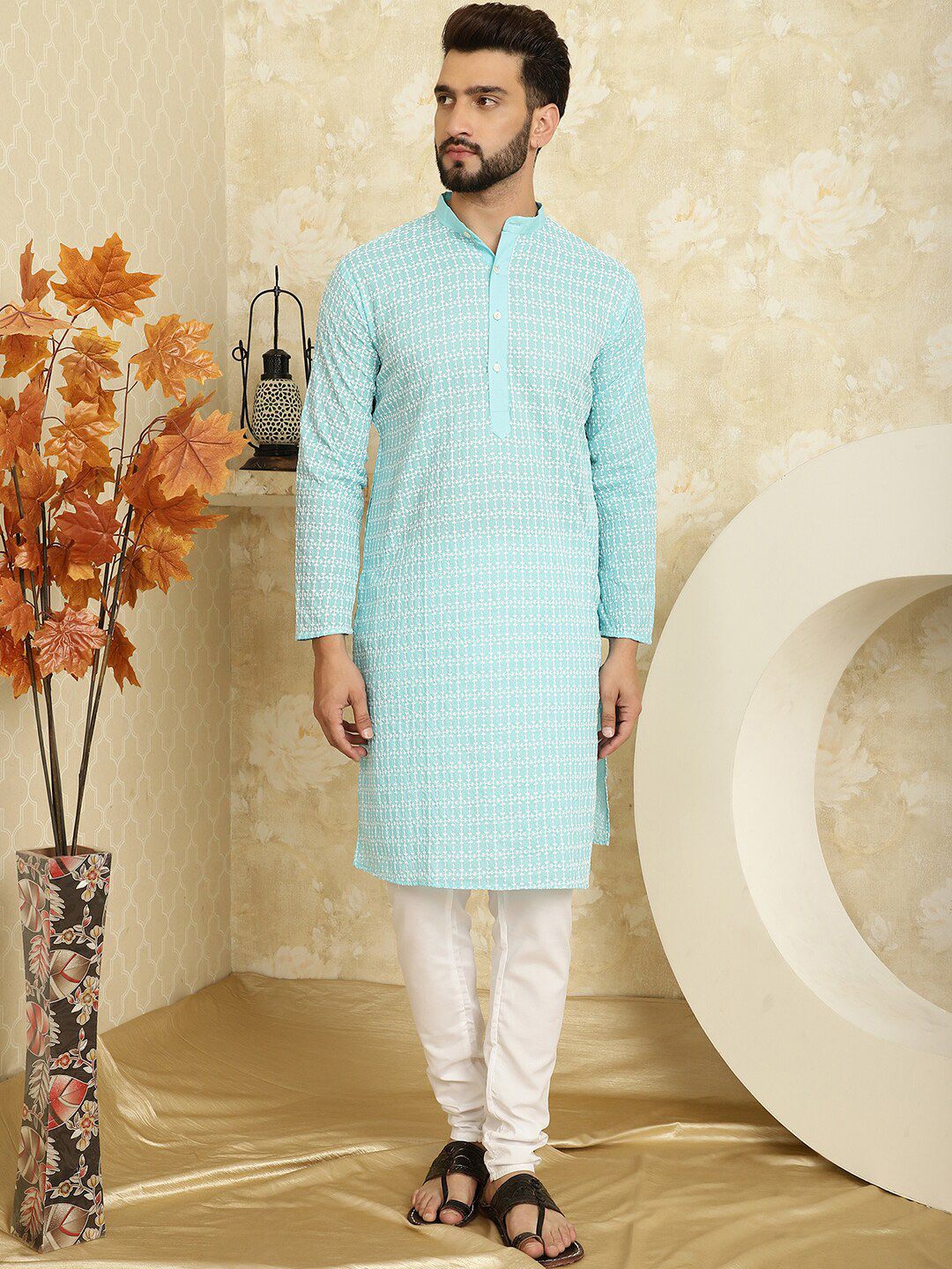 SOJANYA Floral Embroidered Pure Cotton Kurta with Churidar