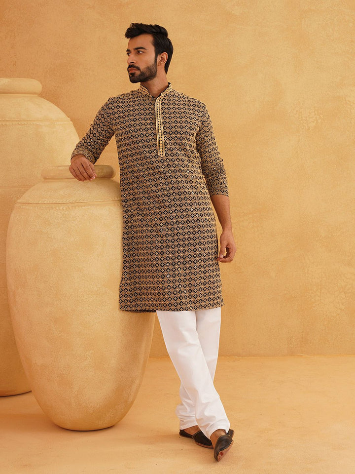 SOJANYA Set Kurta Cotton Pure Cotton Lengan Panjang Sulam Geometrik Kolar Mandarin