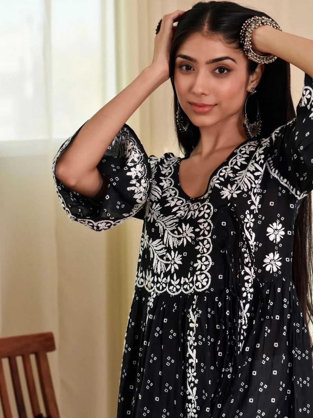 Rumah Wanita Chikankari Motif Etnik Bercetak Lengan Berkobar Cetakan Indie Kurta