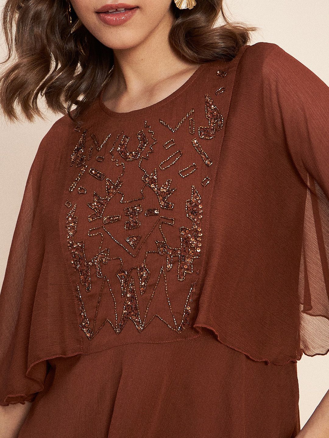 Antheaa Brown Embellished Tunic With Trousers Co-Ords
