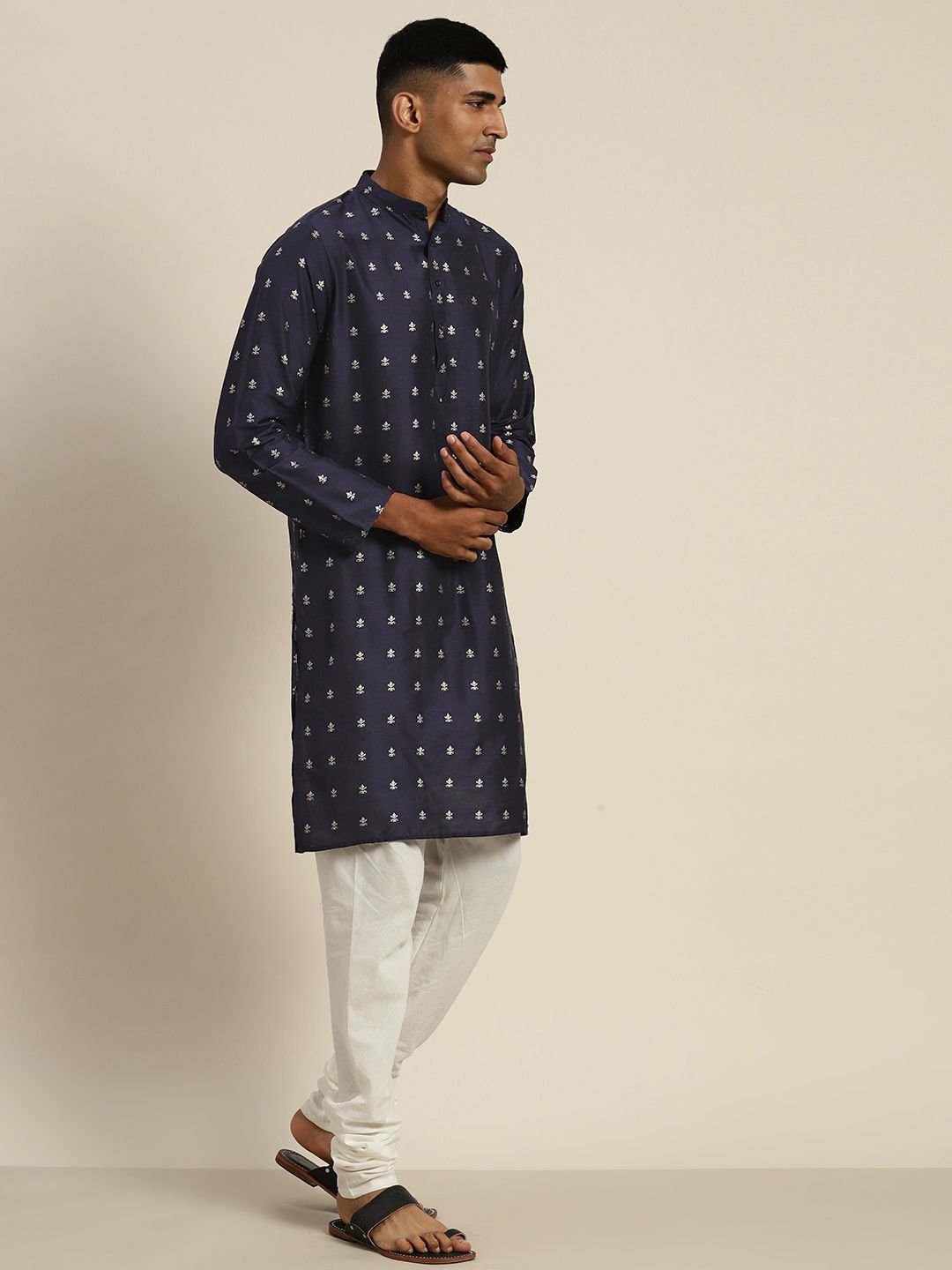 SOJANYA Motif Etnik Silk Cotton Indigo Kurta