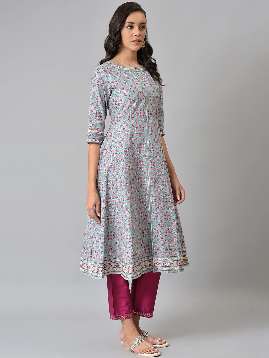 W Women Blue & Pink Ethnic Motifs Printed Anarkali Kurta