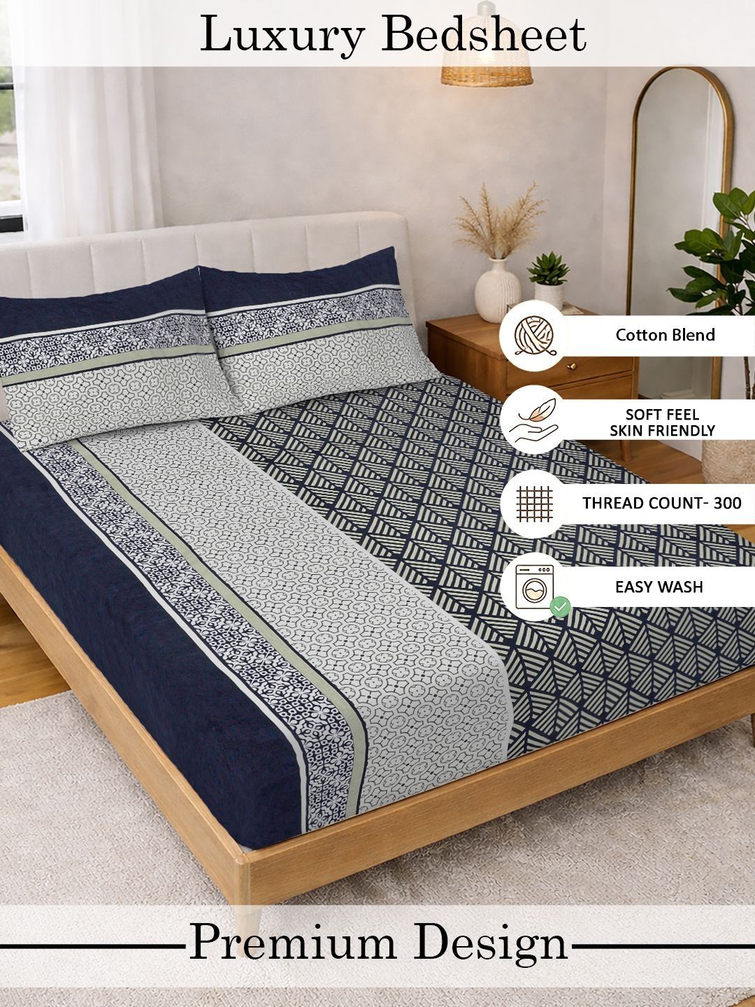 Myntra Elegant Homes Multicolor Geometric 300 TC King Double Bedsheet dengan 2 Sarung Bantal