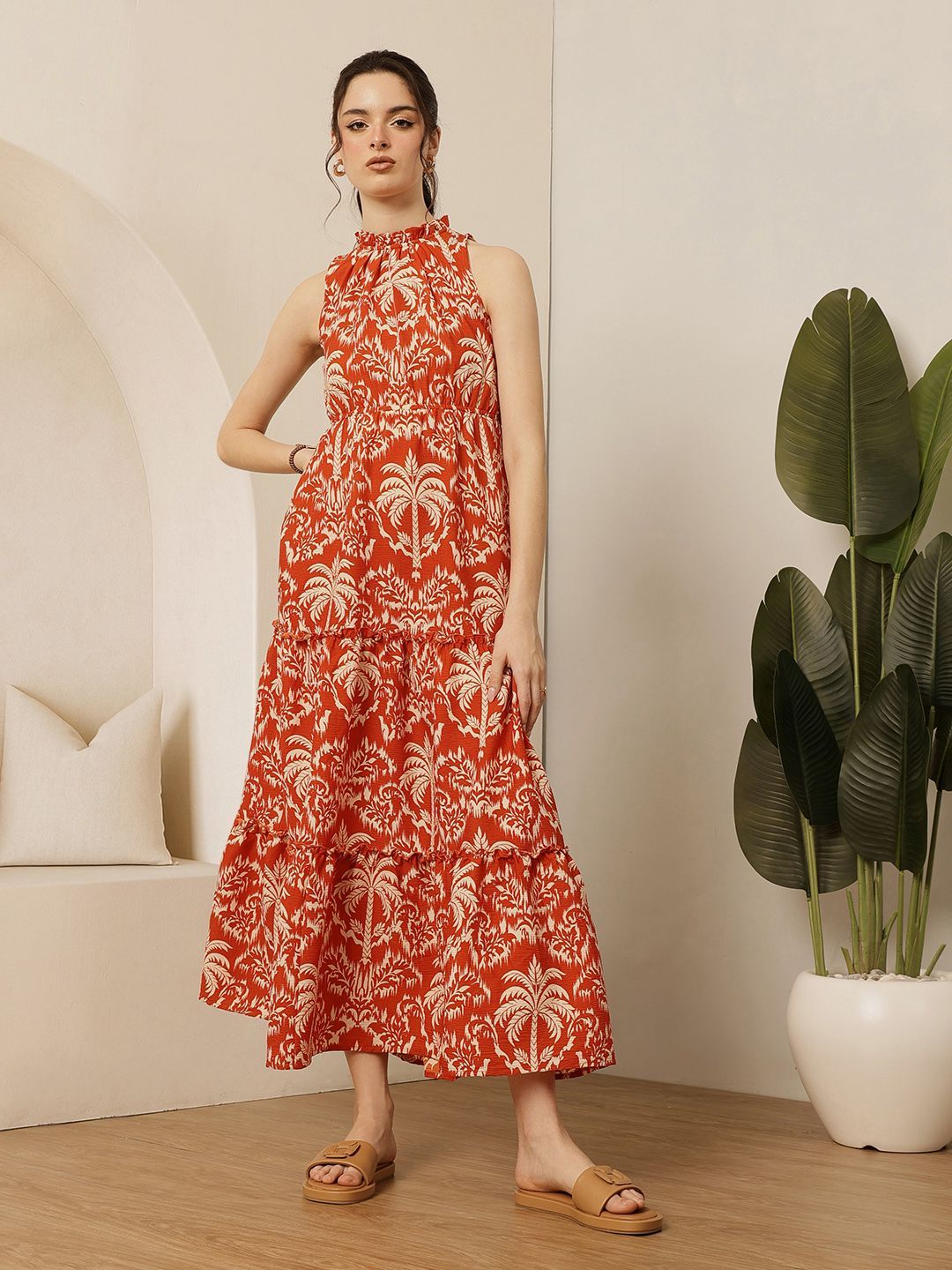 STREET 9 Women Tropical Print Halter Neck Tiered Cotton Fit & Flare Maxi Dress