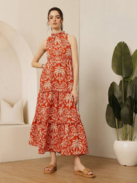 STREET 9 Women Tropical Print Halter Neck Tiered Cotton Fit & Flare Maxi Dress