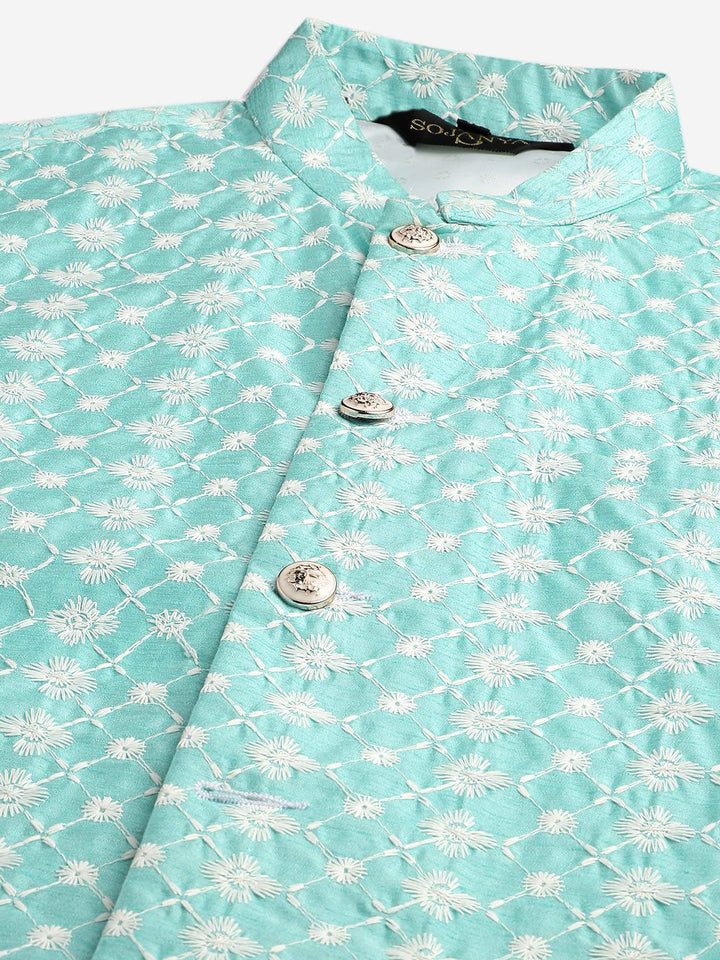 SOJANYA Men Black & Sea Green Solid Kurta with Churidar & Nehru Jacket