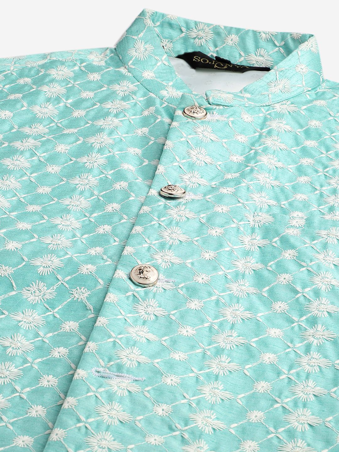 SOJANYA Men Black & Sea Green Solid Kurta with Churidar & Nehru Jacket