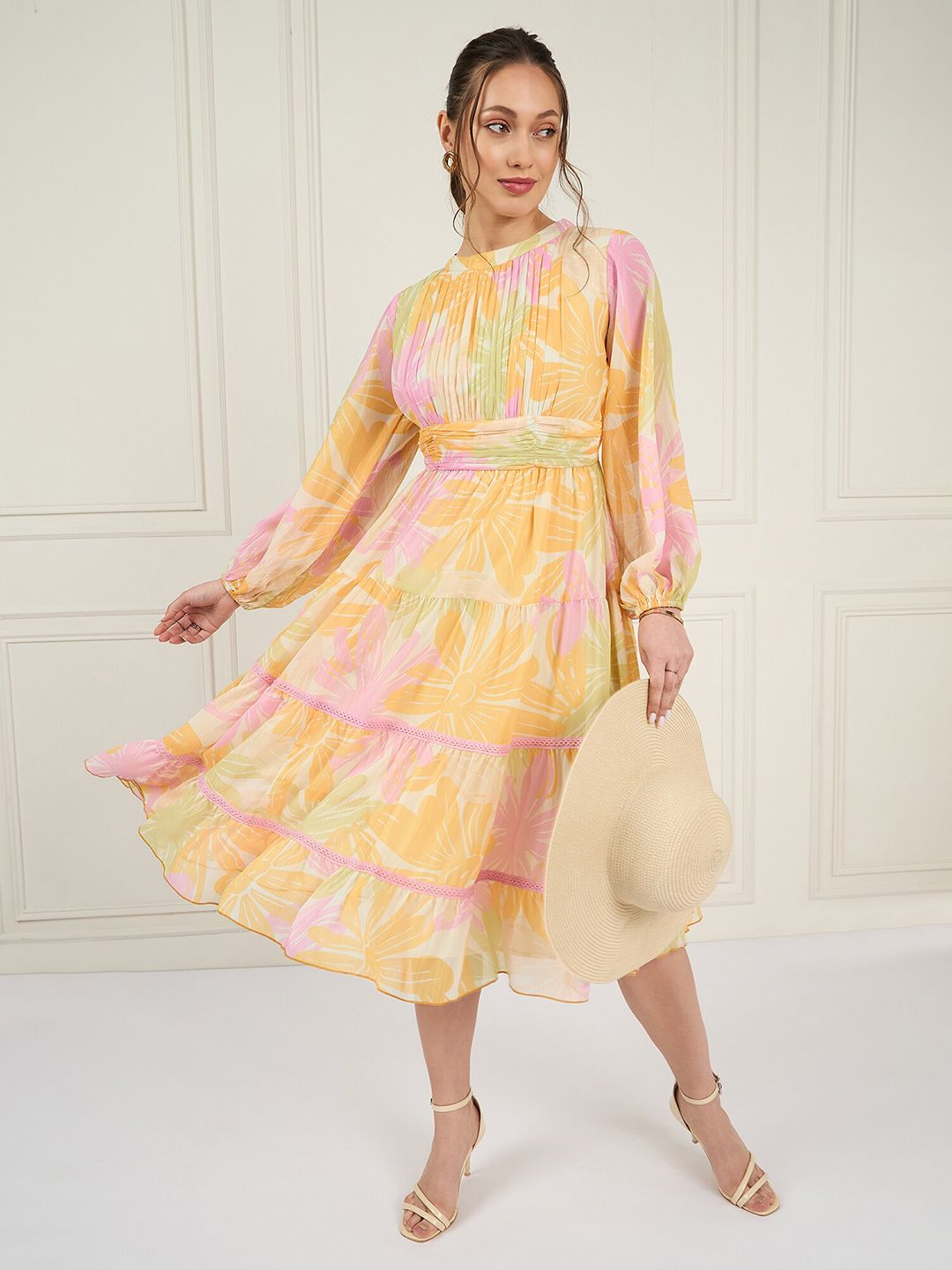 Antheaa Floral Printed Pleated Puff Sleeves Tiered Chiffon Fit & Flare Midi Dress