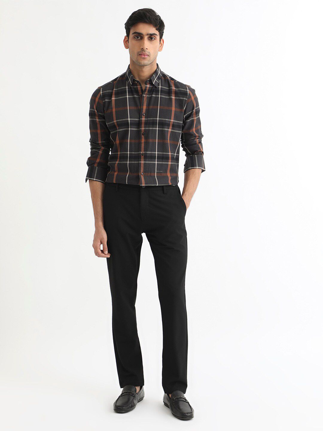 RARE RABBIT Men Keller Checked Slim Fit Spread Collar Cotton Shirt