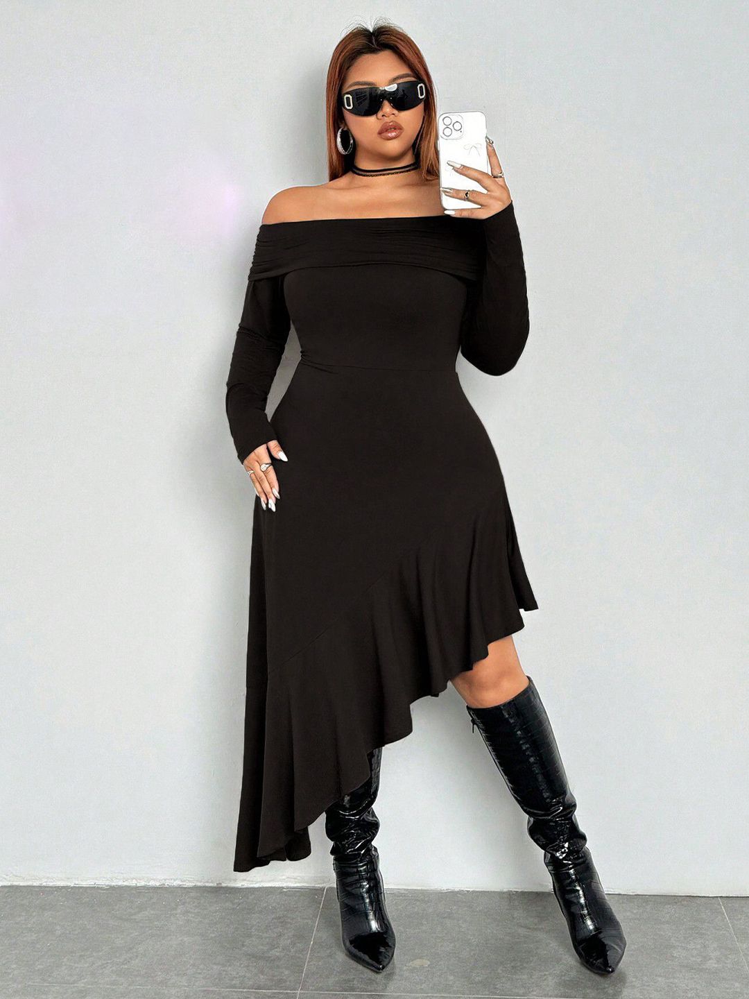 DressBerry Women Plus Size Off-Shoulder A-Line Dress