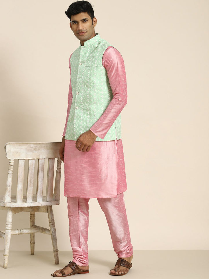 SOJANYA Lelaki Motif Etnik Merah Jambu Kurta Sulam Churidar