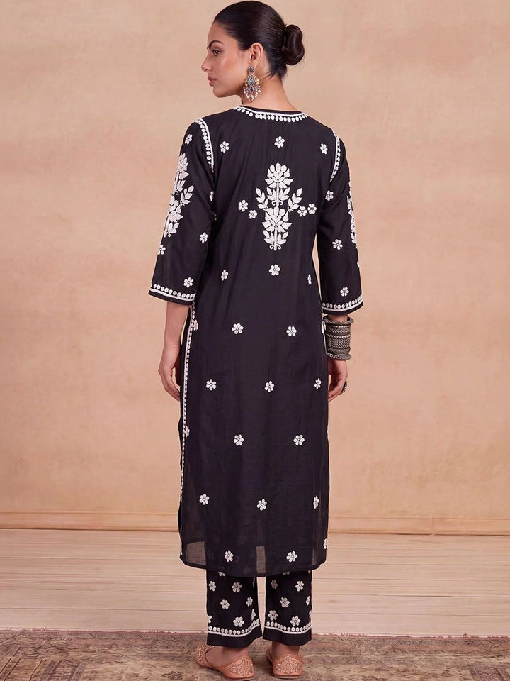 House of Chikankari Women Ethnic Motifs Embroidered Regular Thread Work Chanderi Silk Kurta with Trousers