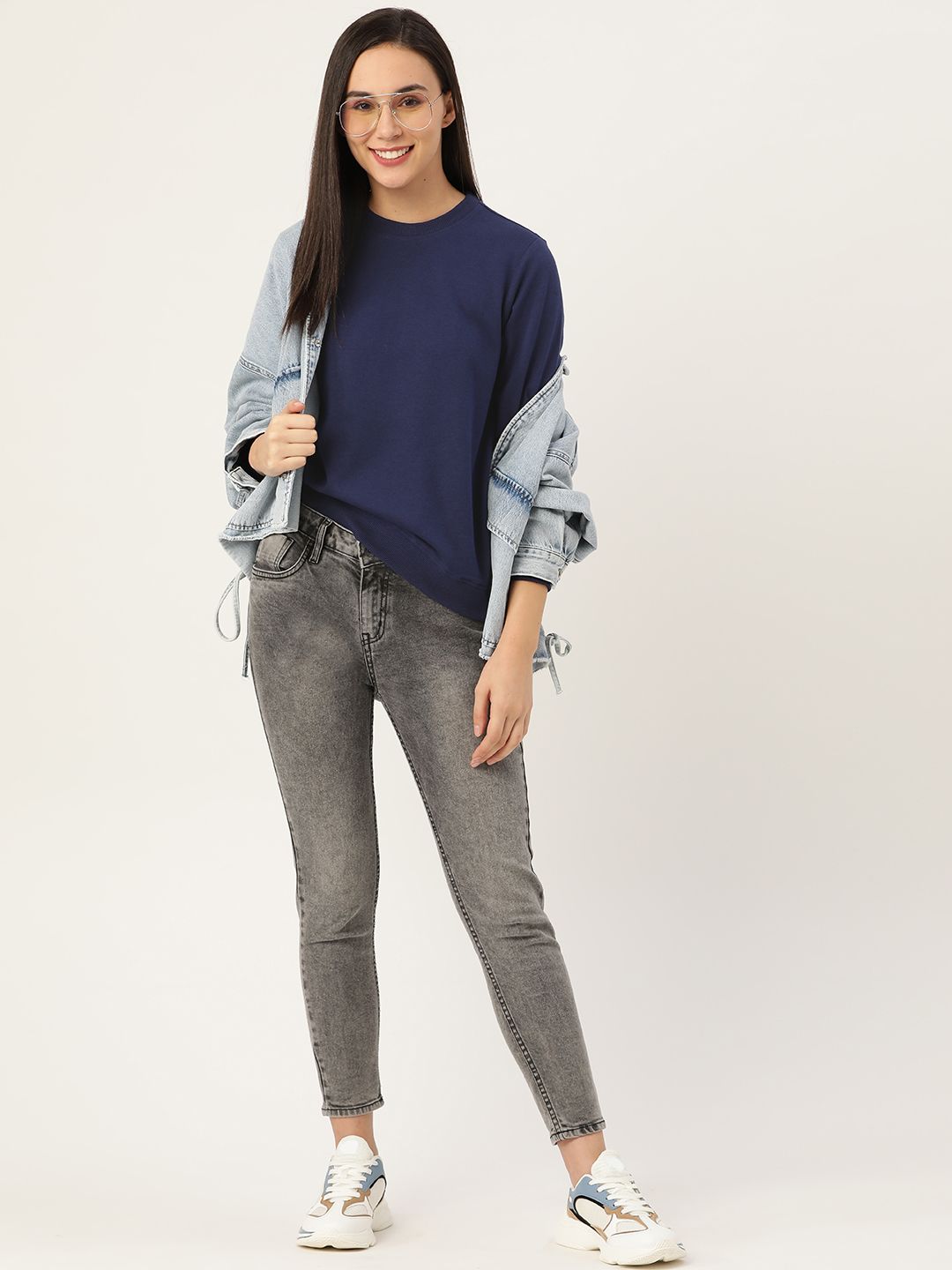 DressBerry Women Navy Blue Solid Sweatshirt