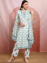 Vishudh White & Green Floral Printed Regular Pure Cotton Kurta with Trousers & Dupatta