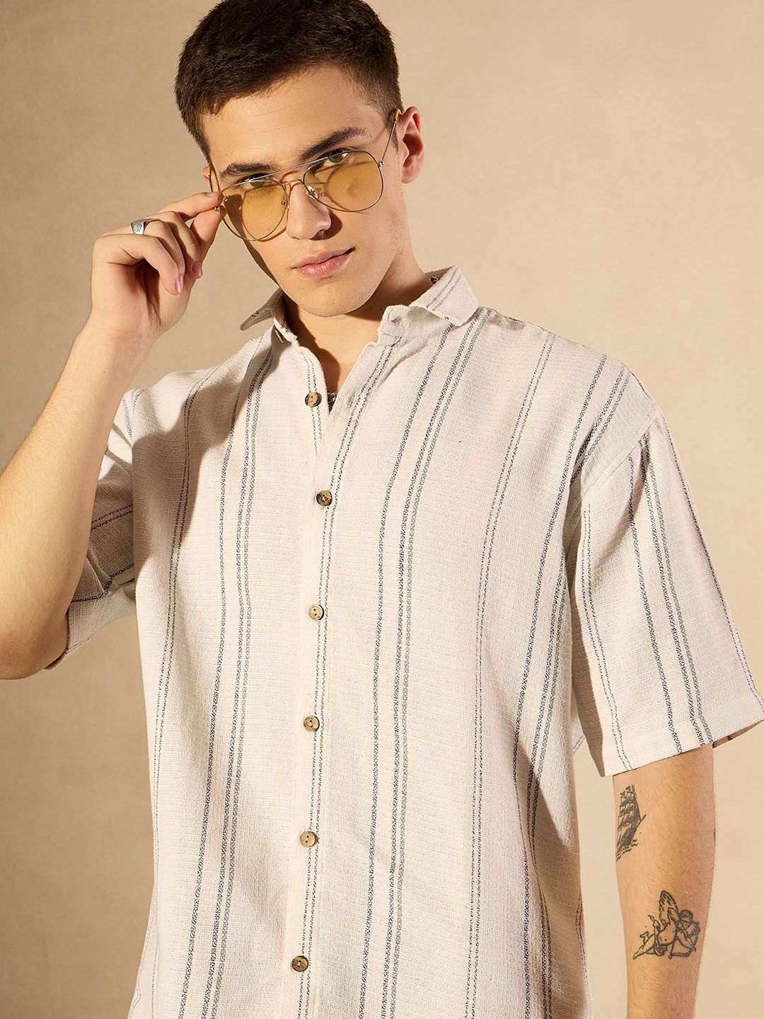 DENNISON Men Striped Drop Shoulder Oversized Cotton Shirt