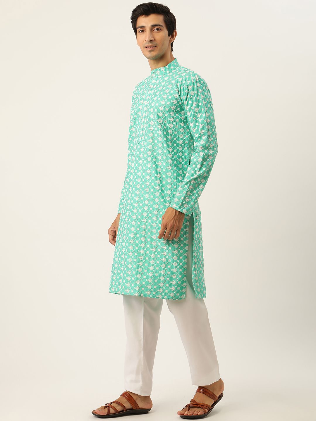 SOJANYA Set Kurta Sulam Lelaki Motif Etnik Biru Dengan Jaket Nehru