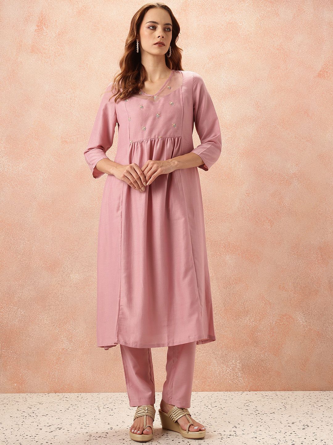 all about you Floral Yoke Design Empire Kurta with Trousers