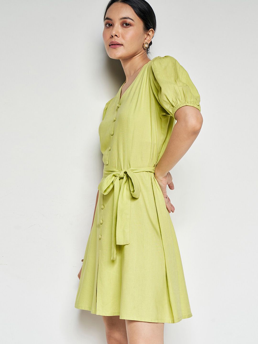 AND Puff Sleeves V-Neck Belted Linen A-Line Dress