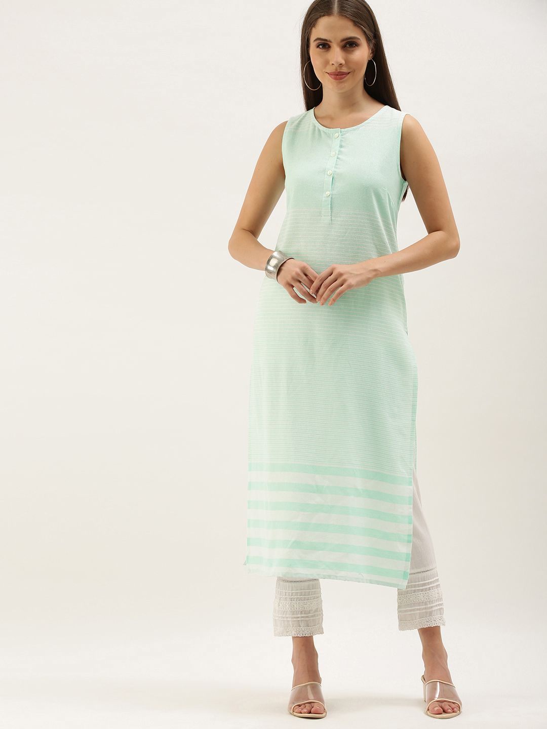 Anouk Women Sea Green & White Striped Kurta