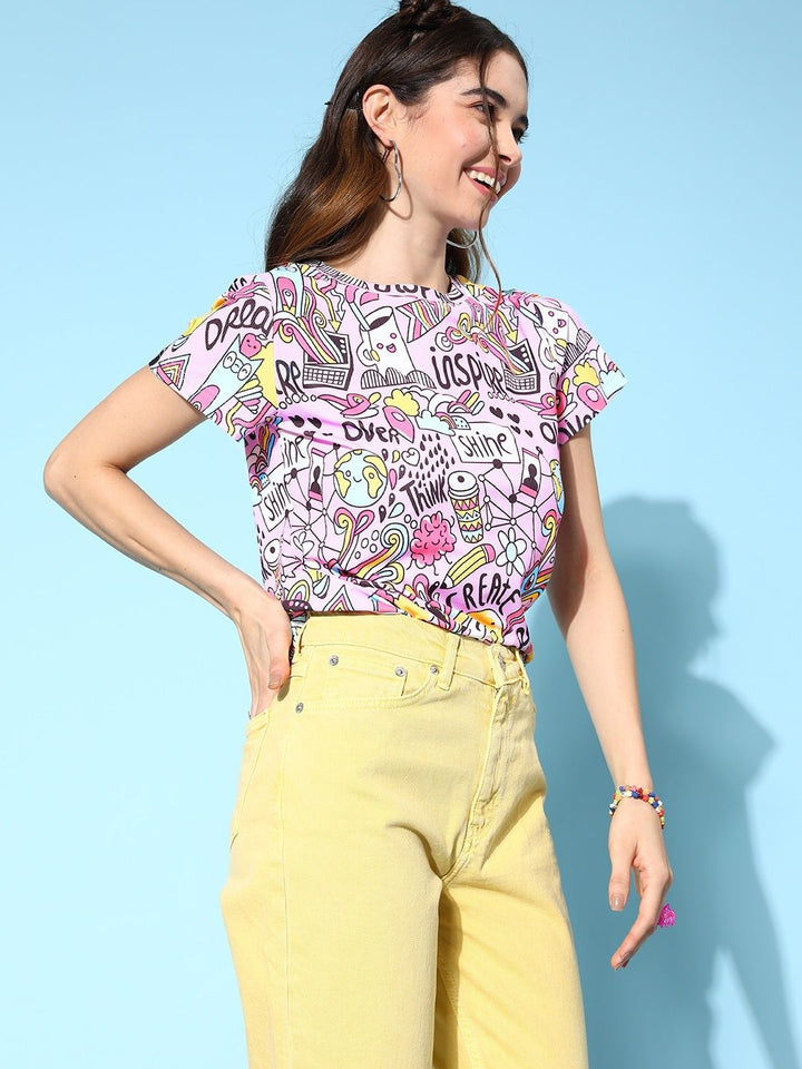 Berrylush Women Pink Conversational Printed T-shirt