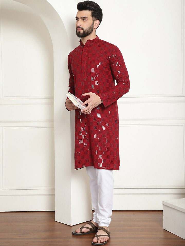 SOJANYA Geometric Embroidered Mandarin Collar Long Sleeves Sequinned Pure Cotton Kurta Set