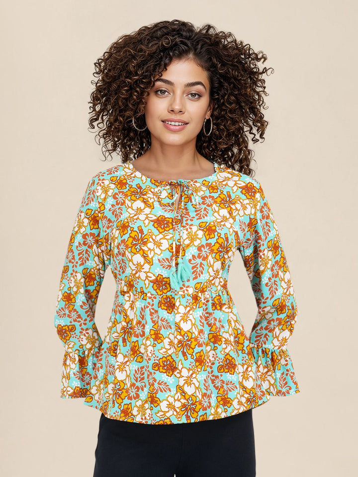 DressBerry Floral Print Bell Sleeve A-Line Top